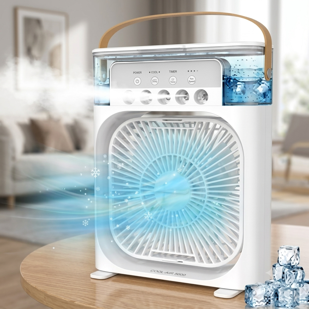 Portable Mini Air Conditioner Fan with Mist Humidifier, USB Rechargeable 5-Speed Cooling Fan, LED Night Light for Home & Office