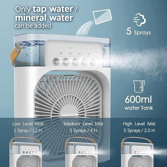 Portable Mini Air Conditioner Fan with Mist Humidifier, USB Rechargeable 5-Speed Cooling Fan, LED Night Light for Home & Office