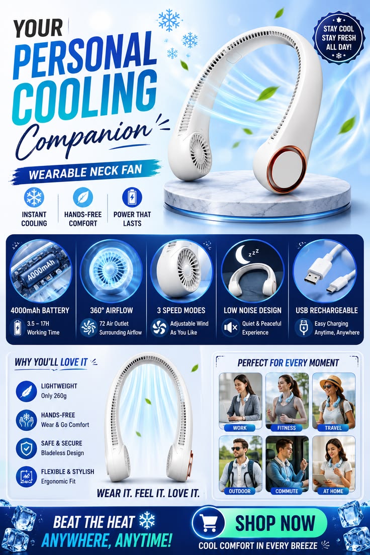 Portable Rechargeable Bladeless Neck Fan – 4000mAh USB Personal Wearable Cooling Fan with 360° Airflow, 3 Speed Settings, Low Noise for Travel, Office & Outdoo