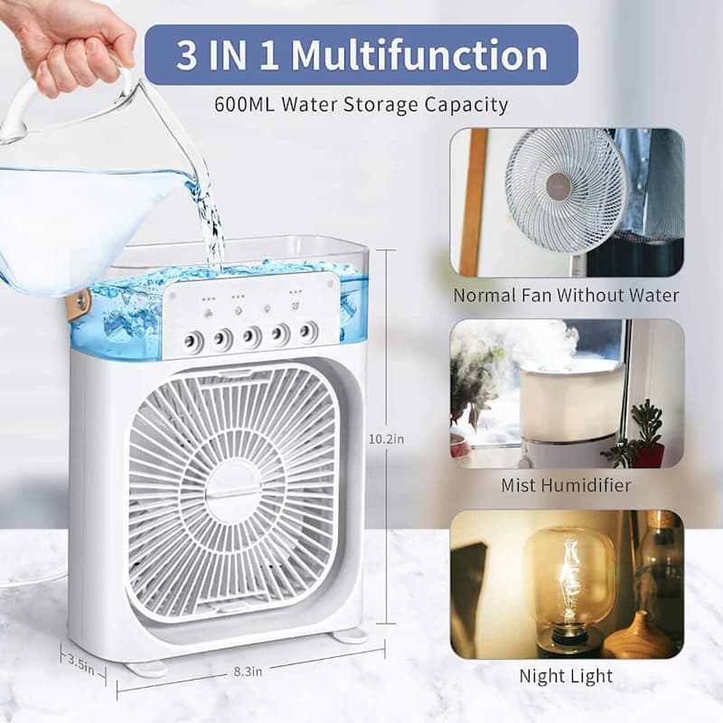 Portable Mini Air Conditioner Fan with Mist Humidifier, USB Rechargeable 5-Speed Cooling Fan, LED Night Light for Home & Office